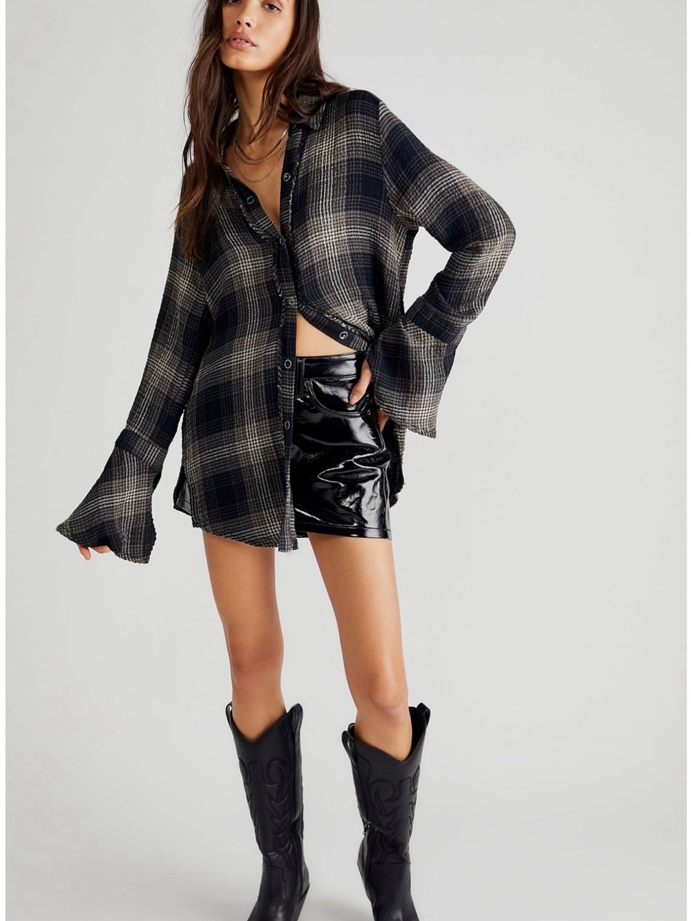Free People Willow Plaid Shirt Black Combo Size Medium NWOT
